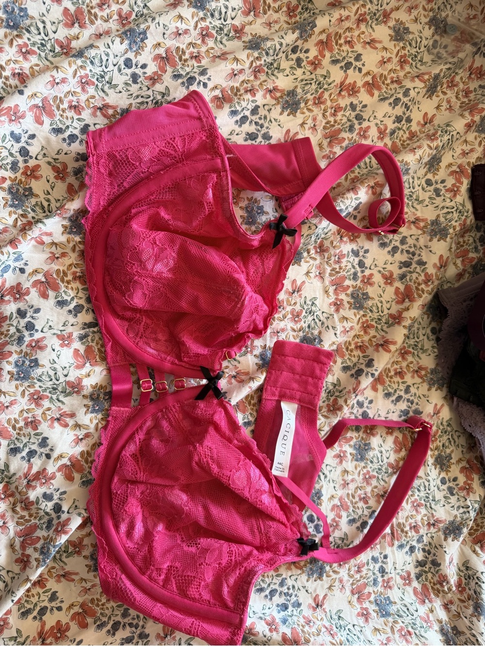 Cacique Fuchsia Lace Underwire Bra with Black Bow Accents